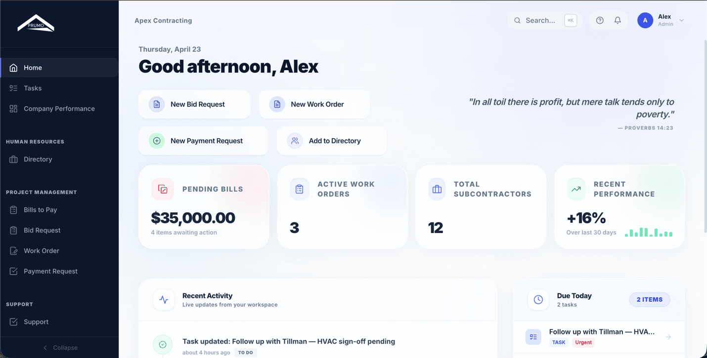 Prumo dashboard showing the connected customer and job workflow
