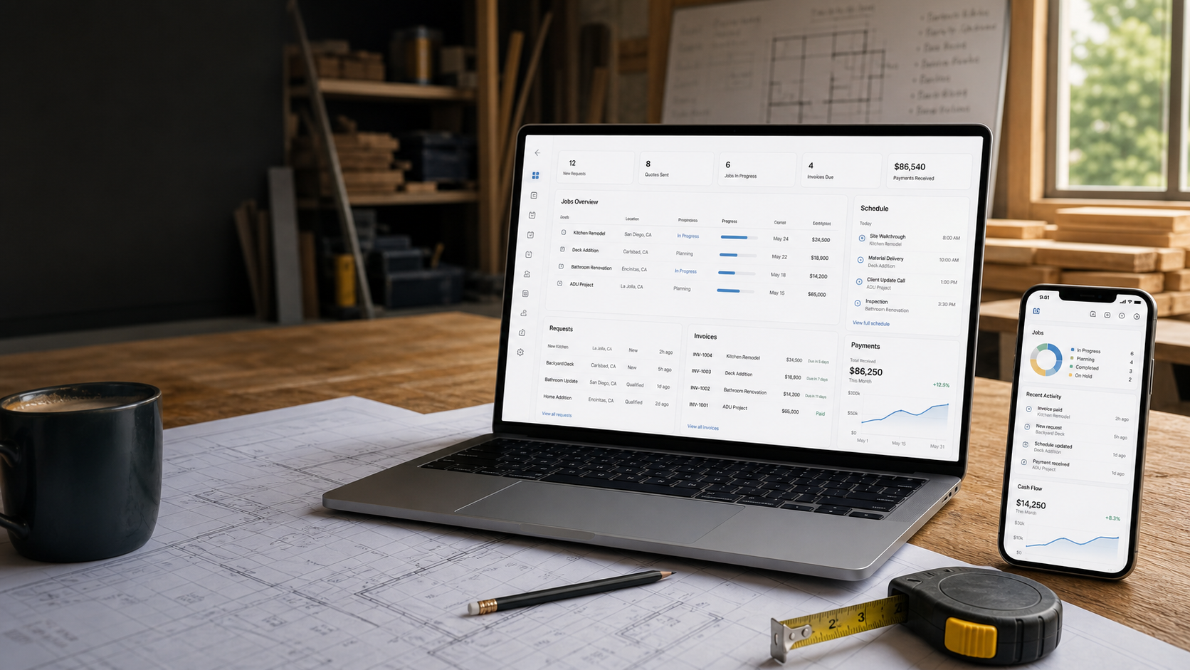 Prumo dashboard shown on a contractor planning table